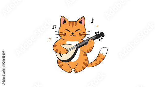 Adorable cartoon cat cheerfully plays a mandolin, with musical notes floating around, creating a whimsical and charming scene.