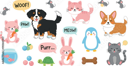 Cute pets sticker illustration set with cats, dogs and playful animals with speech bubbles in colorful flat vector kawaii style for kids design