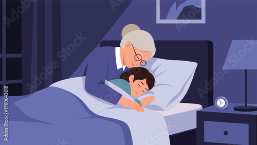 Loving grandmother gently comforts a child sleeping peacefully in bed at night, depicting a warm and secure bedtime moment.