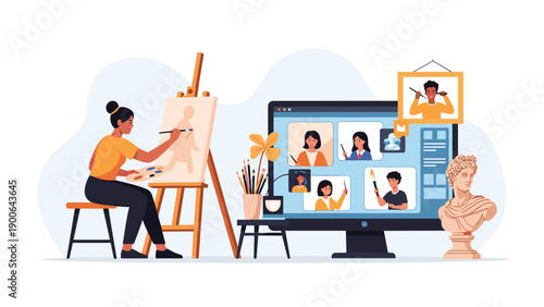 Creative woman paints skillfully on an easel, simultaneously attending an engaging online art class displayed on her computer screen, embracing virtual learning.