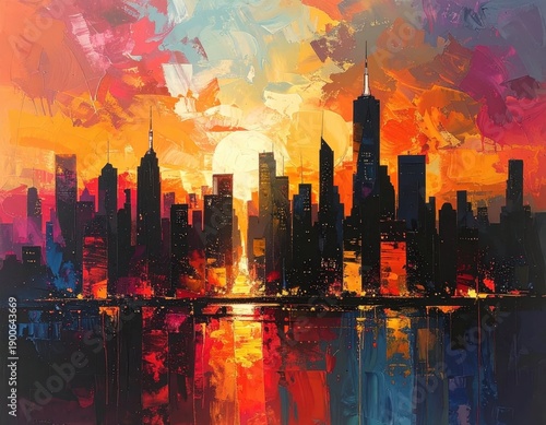 Vibrant Sunset Over Skyline with Colorful Reflections in Water