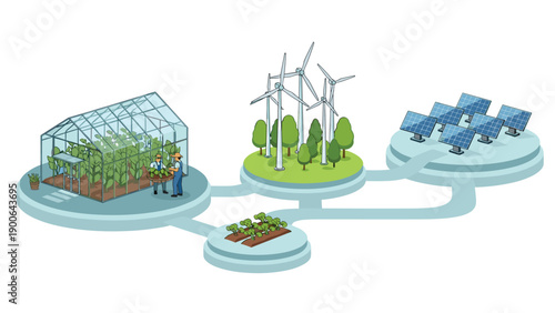 Sustainable agriculture ecosystem with greenhouse farming, wind turbines, and solar panels demonstrating renewable energy for food production.