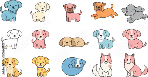 Cute puppy illustration set with playful and sleeping dogs in flat vector cartoon style for pet care, kids design and animal graphics
