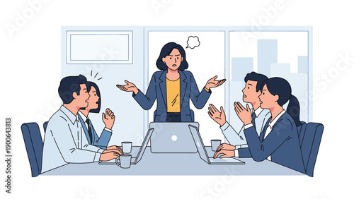 Frustrated female boss expressing anger and disagreement during a tense business meeting with her team, highlighting workplace conflict.