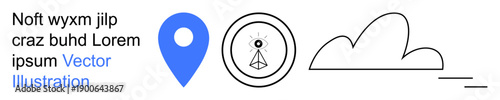 Navigation, communication, technology, internet connectivity, data transfer, weather forecasting. Blue location pin, signal tower icon and a simple cloud. Navigation and communication concepts