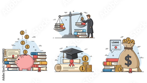 Educational finance concepts featuring student loans, savings in a piggy bank, and the value of knowledge balanced by justice and graduation.