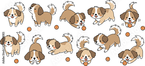 Cute puppy playing illustration set with small dog in fun poses and ball in flat vector cartoon style for kids and pet design