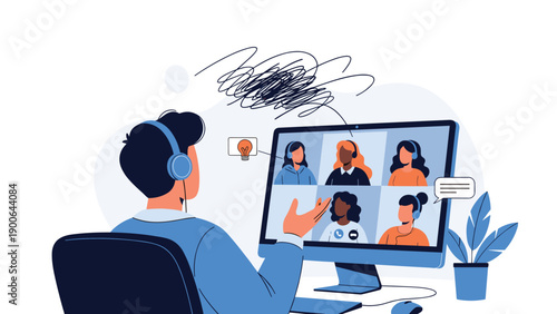 Man engaged in a virtual video conference call on his computer, interacting with multiple online participants and conceptualizing new ideas.