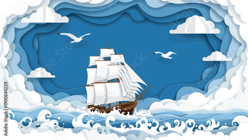 Majestic paper cut sailing ship navigating a stormy, wavy sea under a dramatic blue sky with layered clouds and flying seagulls.