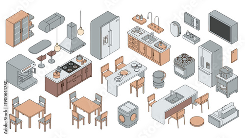 Extensive isometric collection of modern kitchen furniture and appliances, including cabinets, dining sets, refrigerators, stoves, and sinks.
