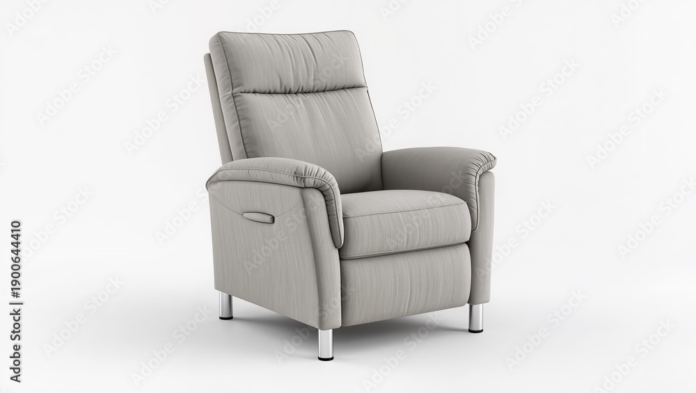 Fototapeta premium a modern light gray upholstered armchair with soft fabric, rounded armrests and a clean minimalist design, isolated on a white background, ideal for contemporary living rooms, reading corners and eleg