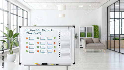 Whiteboard on wheels displaying business growth planning chart with colorful circles and boxes