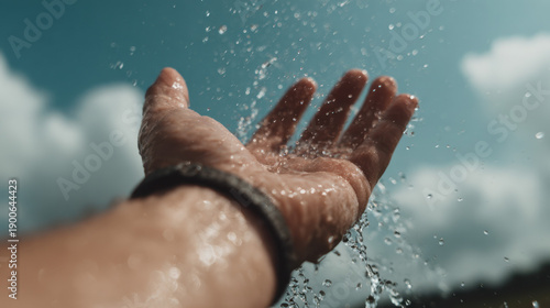 Wallpaper Mural Close up of human hand catching fresh raindrops against blue sky symbolizing water conservation purity and natural connection Torontodigital.ca
