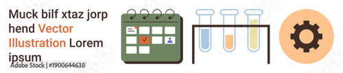 Science, organization, productivity, research, experimentation, technology. Calendar with a checkmark, test tubes and a gear icon. Science and organization concept for productivity and research