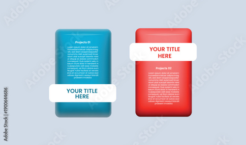 2 points comparison for infographic with glossy gradient style with round box side by side vertical tall with up and down badge two point list information