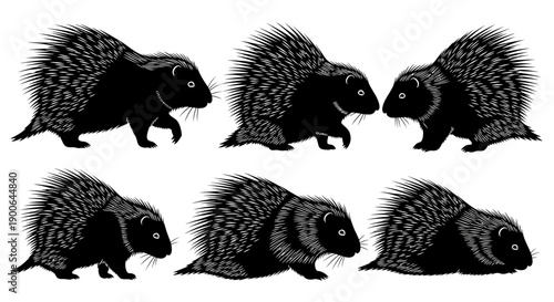 Vector silhouette illustration of porcupines (landak) in various poses, including standing, walking, curled defensive posture, and resting
