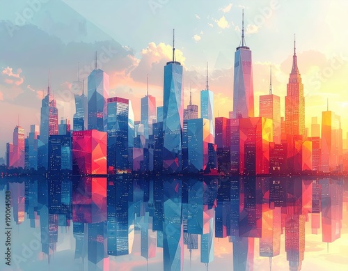 Vibrant Sunset Over Abstract City Skyline with Reflective Water