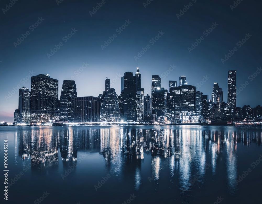 Fototapeta premium Serene Nighttime Cityscape with Reflections in Still Water