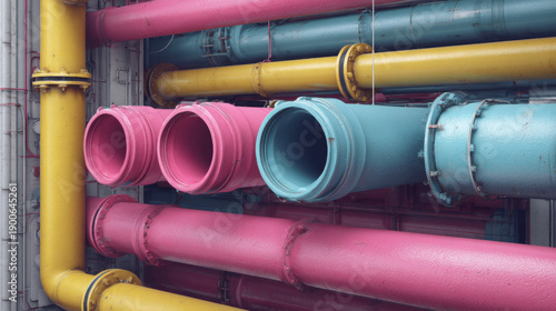 Wallpaper Mural Colorful industrial pipes and tubes transporting recycled liquids symbolizing water recycling technology and modern infrastructure Torontodigital.ca