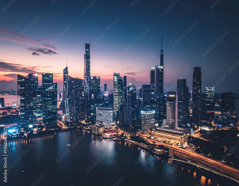 Obraz premium Urban Skyline at Dusk with Tall Buildings and River Reflection