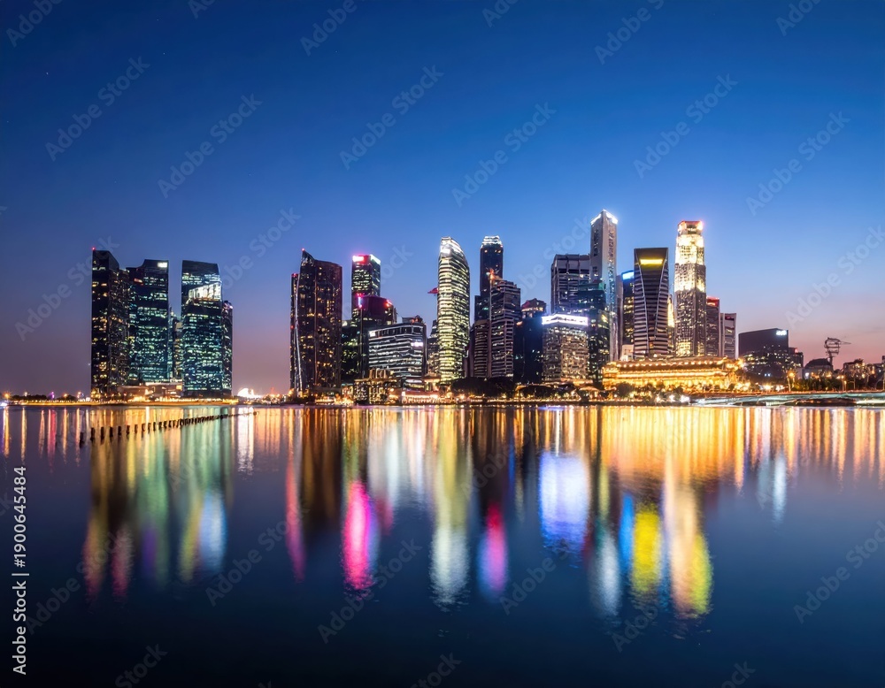 Obraz premium Stunning City Skyline Reflection at Dusk with Vibrant Light Displays