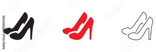 High Heel Shoe Icons Collection. Minimal vector illustration showing black, red, and outlined high heel shoes, representing fashion, elegance, and feminine style concepts.

