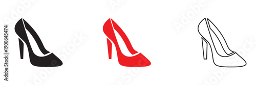 High Heel Shoe Icons Collection. Minimal vector illustration showing black, red, and outlined high heel shoes, representing fashion, elegance, and feminine style concepts.

