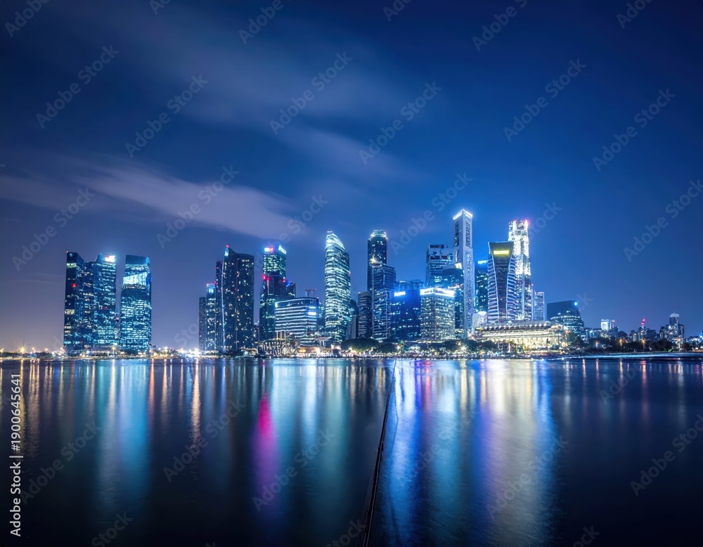 Obraz premium Stunning Cityscape at Night with Illuminated Skyscrapers Reflection