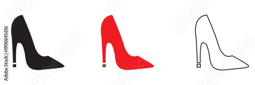 High Heel Shoe Icons Collection. Minimal vector illustration showing black, red, and outlined high heel shoes, representing fashion, elegance, and feminine style concepts.

