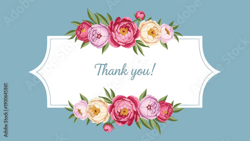 Elegant "Thank you!" message enclosed within a beautiful ornamental frame, adorned with soft pink and yellow peonies and lush green foliage, on a serene light blue background.