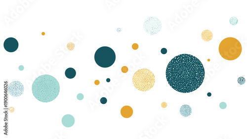 Abstract background design featuring a dynamic scattering of textured dots and circles in varying sizes, rendered in teal, yellow, and blue hues on a crisp white backdrop.