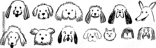 Cute Dog Face Doodle Set. Hand Drawn Puppy Head Sketch Icons, Funny Pet Expression Line Art Collection.