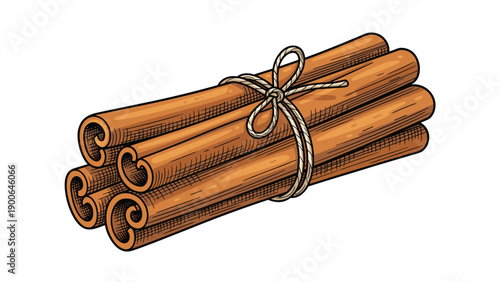 Beautiful bundle of cinnamon sticks, neatly tied with rustic twine, rendered in a warm, earthy color palette with a detailed vintage etching style.