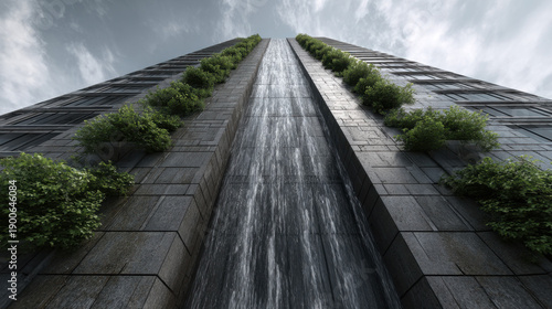 Wallpaper Mural Futuristic eco friendly skyscraper facade with vertical waterfall and green plants symbolizing sustainable architecture and urban water management Torontodigital.ca
