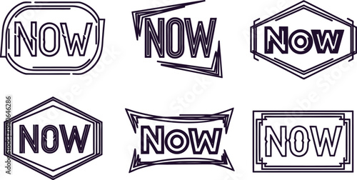 Collection of now text icons in various shapes and designs for immediate attention and urgency purposes online  now