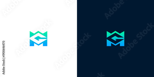 Abstract M G letter logo design with a majestic crown element, featuring a vibrant blue-green gradient for a modern and royal brand identity, perfect for business and leadership