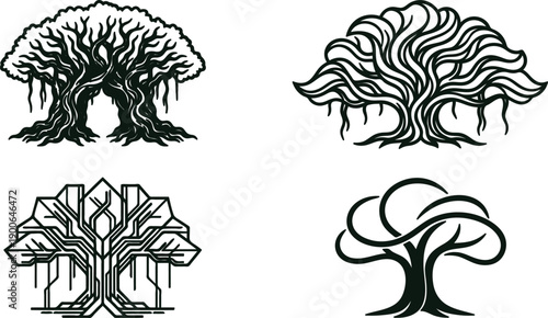Four different tree designs with unique roots and branches  various tree illustrations in black and white