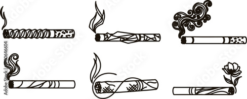 Set of hand drawn smoking cigarettes with decorative designs and smoke  various styles and patterns on white