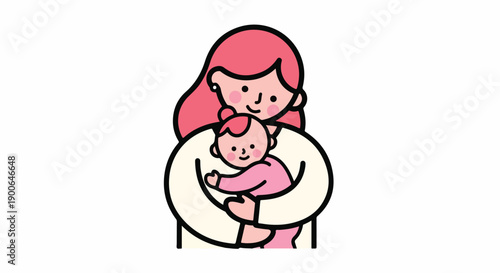A cartoon illustration of a woman with pink hair holding a baby in her arms against a white background with a simple and cute design.