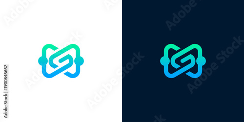 Abstract geometric logo design with gradient effect on white and dark backgrounds, representing connectivity and digital network