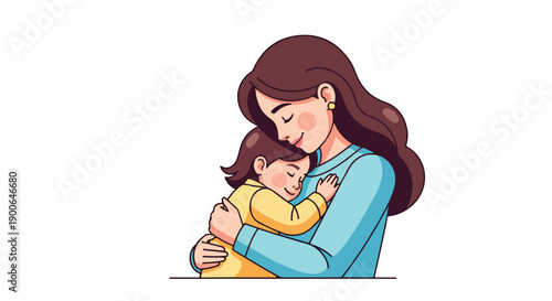 A woman with long brown hair tenderly holding and breastfeeding a baby against a plain white background in a simple illustration.