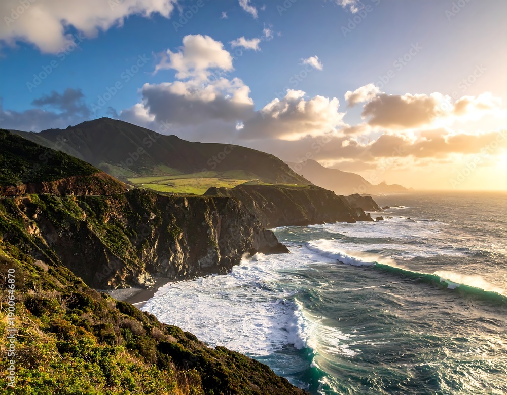 Obraz premium Coastal landscape captured during sunrise, featuring rugged cliffs, foamy waves, a winding road, and partly cloudy sky