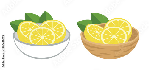 Slices of yellow lemon with green leaves in ceramic and wooden bowls vector illustration