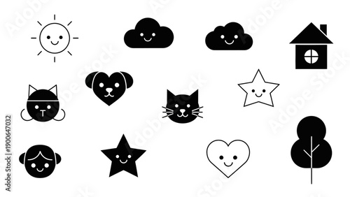 A playful assortment of cute icons featuring clouds, stars, hearts, and friendly character-style elements that bring warmth and charm to any design. The soft shapes and approachable style make this co