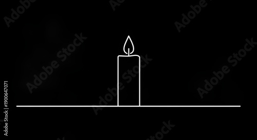 Minimalist Line Art Drawing of a Single Burning Candle on a Black Background.