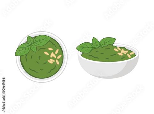 Fresh green pesto sauce with basil and pine nuts in white bowl top and side view