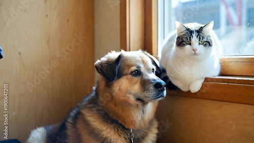 Sunlit Companions: Dog and Cat Cozy by Window