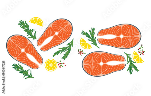 Salmon steaks with lemon slices, rosemary sprigs and peppercorns