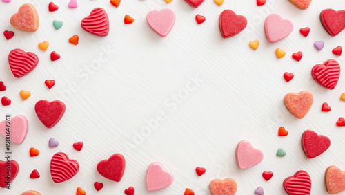 Colorful heart shaped candies arranged on a white surface for a festive occasion or celebration st valentine's day 