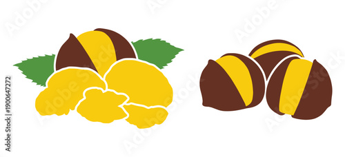 Roasted chestnuts whole and peeled with green leaves on transparent background illustration